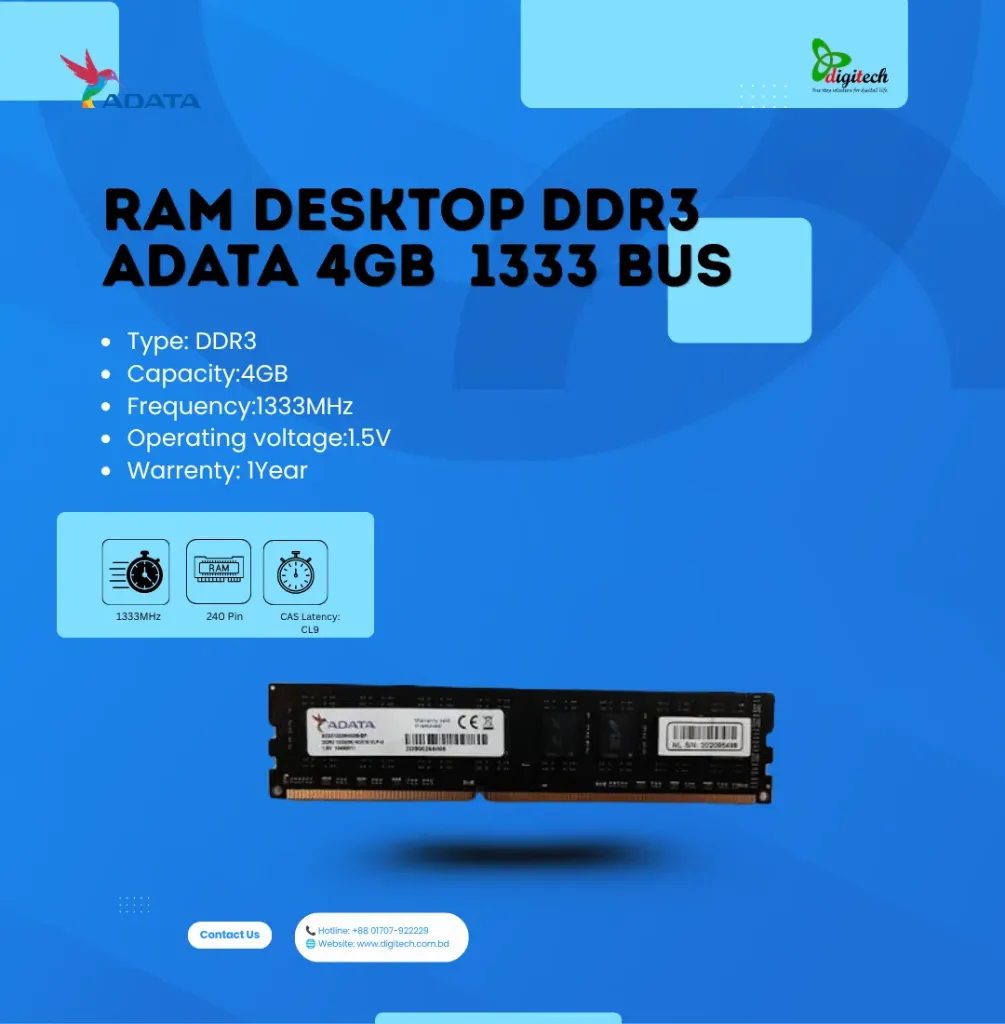 RAM DESKTOP DDR3 ADATA 4GB  1333 BUS