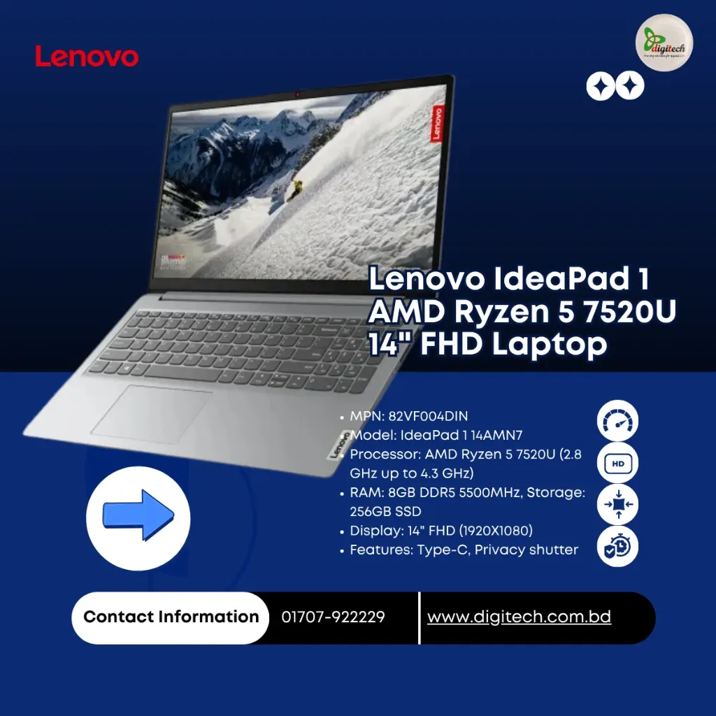  Lenovo IdeaPad 1 14AMN7 14 inch FHD Display Ryzen 5 7520U 8GB DDR5 RAM 512GB SSD Laptop