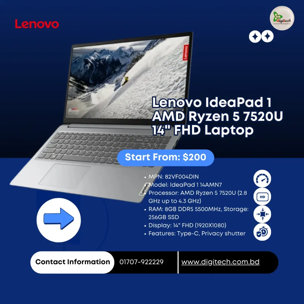 Lenovo IdeaPad 1 14AMN7 14 inch FHD Display Ryzen 5 7520U 8GB DDR5 RAM 512GB SSD Laptop