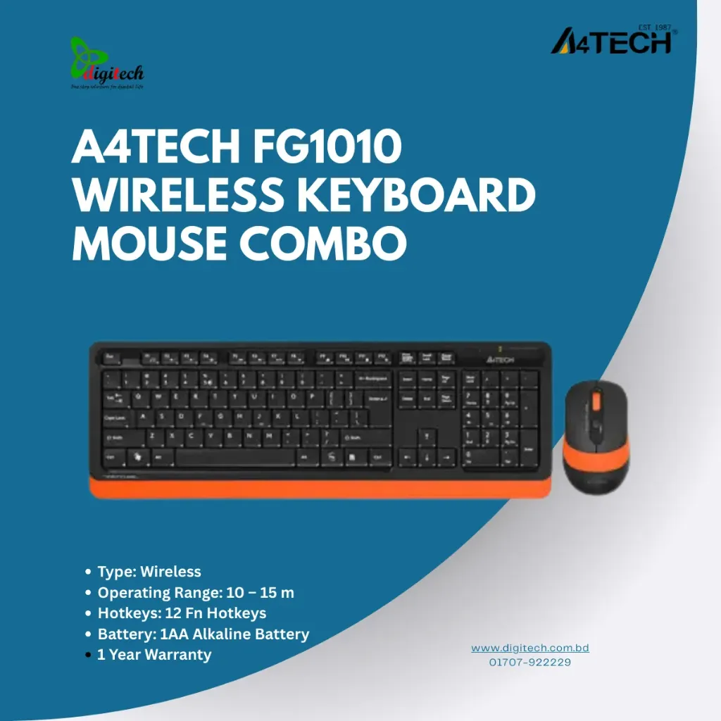 A4TECH FG1010 Wireless Keyboard Mouse Combo with Bangla 1years