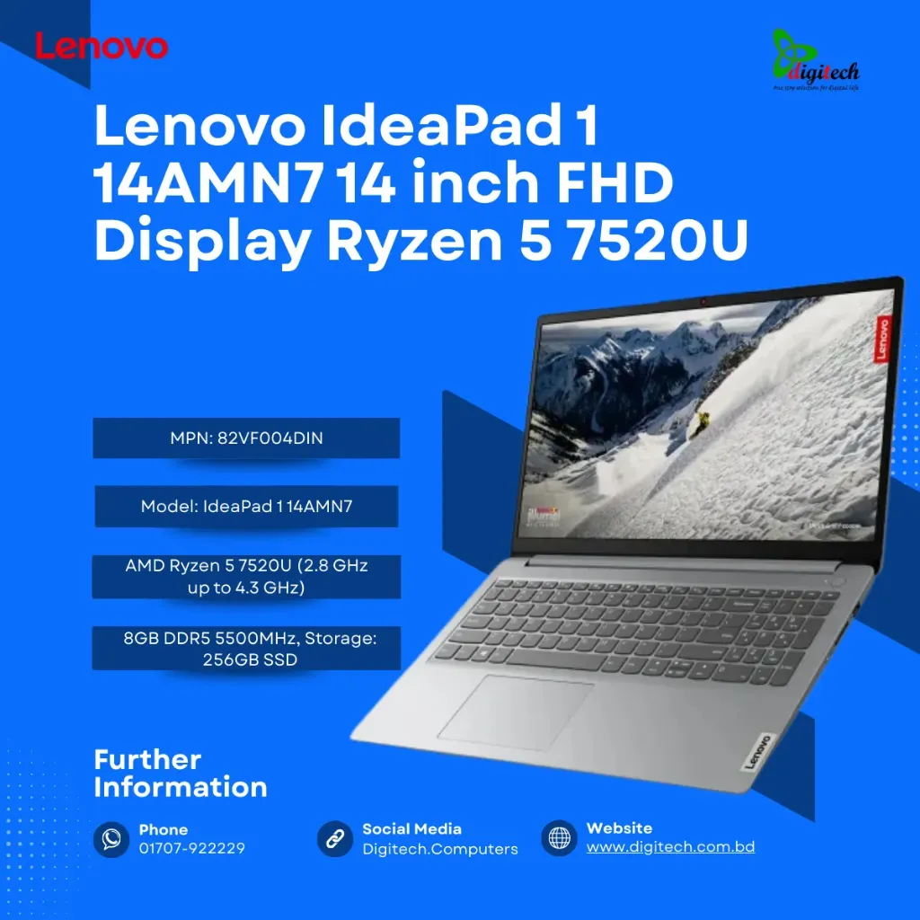  Lenovo IdeaPad 1 14AMN7 14 inch FHD Display Ryzen 5 7520U 8GB DDR5 RAM 512GB SSD Laptop (copy)
