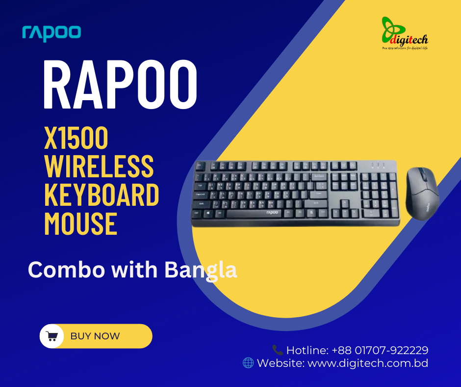 Rapoo X1500 Wireless Black Optical Keyboard & Mouse Combo with Bangla