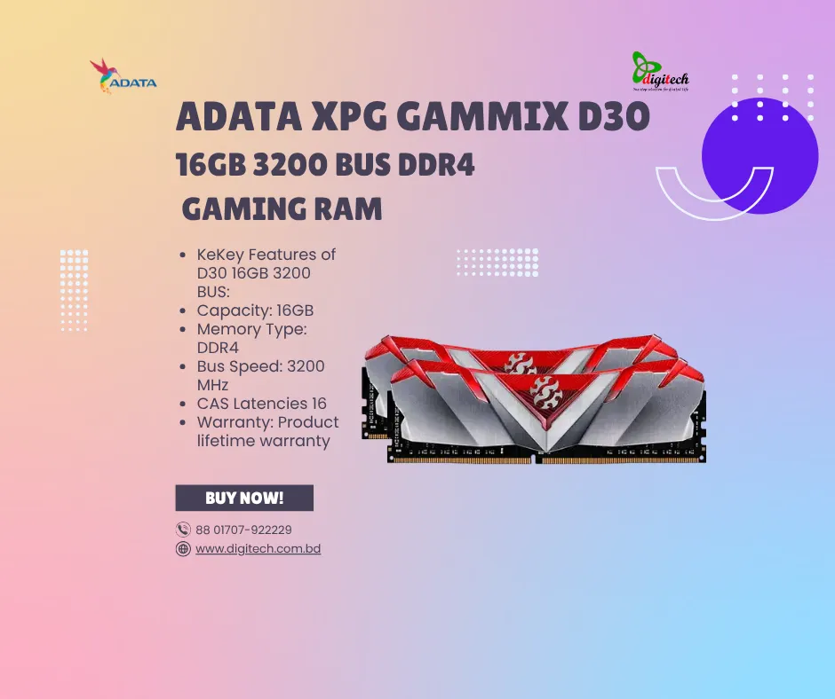 ADATA XPG GAMMIX D30 16GB 3200 BUS DDR4 Gaming RAM Warranty: Product lifetime