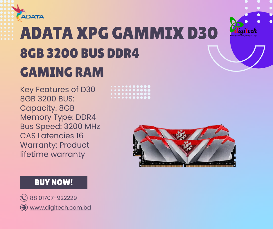 ADATA XPG GAMMIX D30 8GB 3200 BUS DDR4 Gaming RAM Warranty: Product lifetime