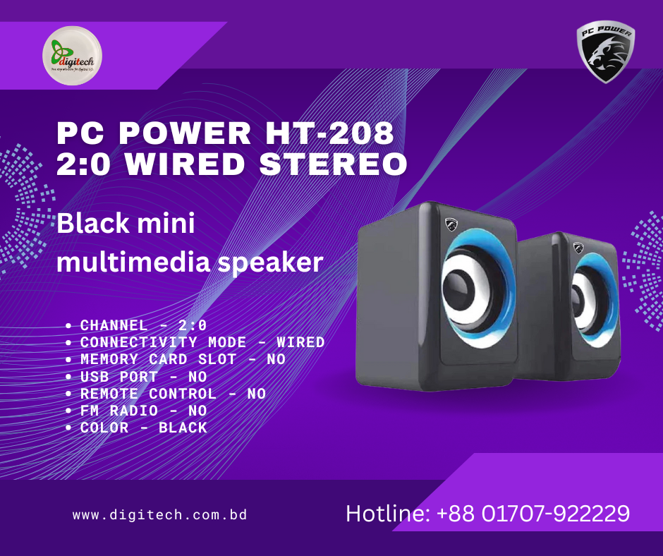 Pc Power HT-208 2:0 Wired Stereo Black Mini Multimedia Speaker