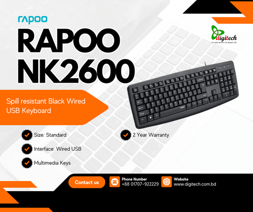 RAPOO NK2600 Spill-resistant Black Wired USB Keyboard