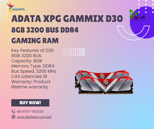 ADATA XPG GAMMIX D30 8GB 3200 BUS DDR4 Gaming RAM Warranty: Product lifetime